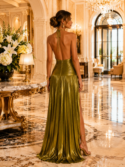 Château Élégance Metallic Peridot Halter Maxi Dress
