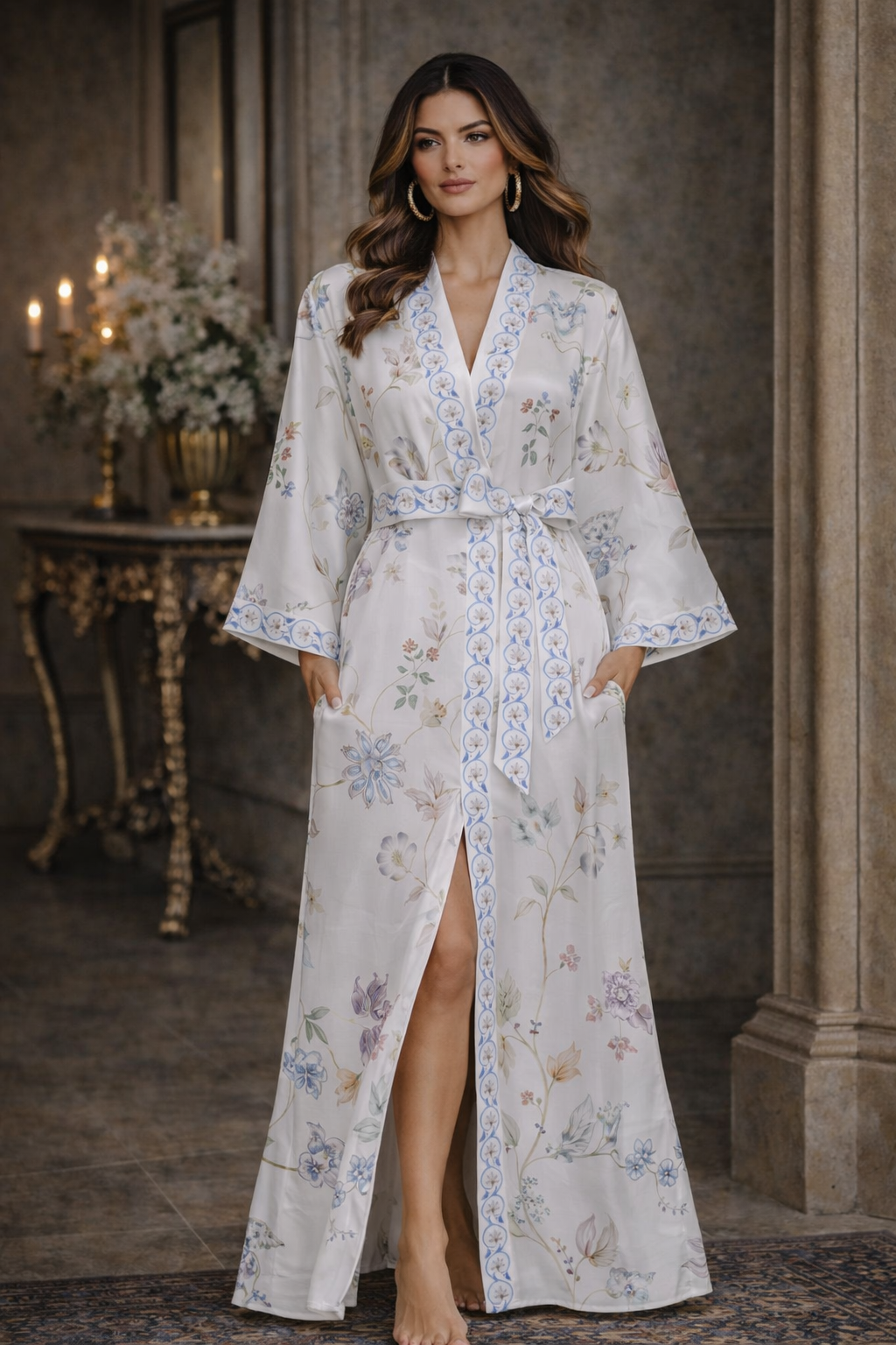 Jardin de Nuit Robe – Château Élégance
Floral Satin Kimono Robe with Silken Tie