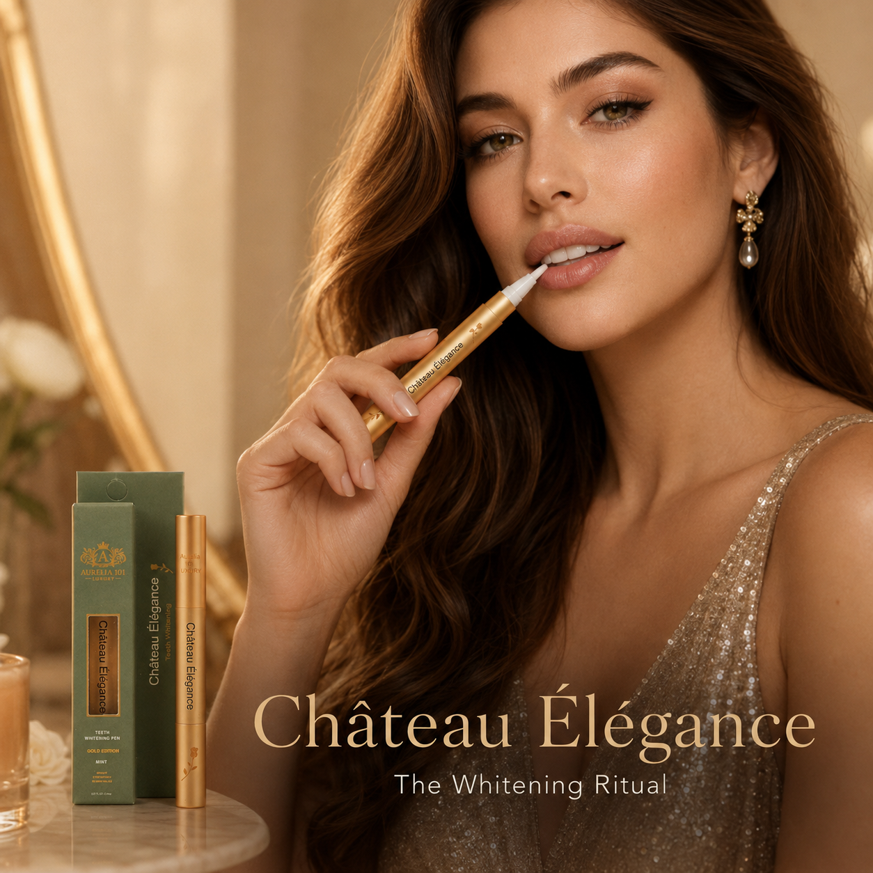 Château Élégance Gold Edition Teeth Whitening Pen – Peroxide-Free Pap Formula – Gentle Mint Whitening Ritual – 2 ml