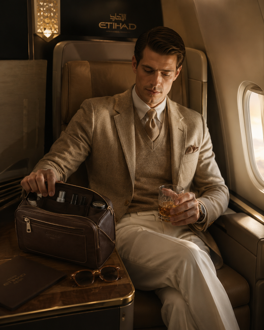 Premium leather toiletry bag for men, travel aesthetics and grooming collection by Château Élégance.