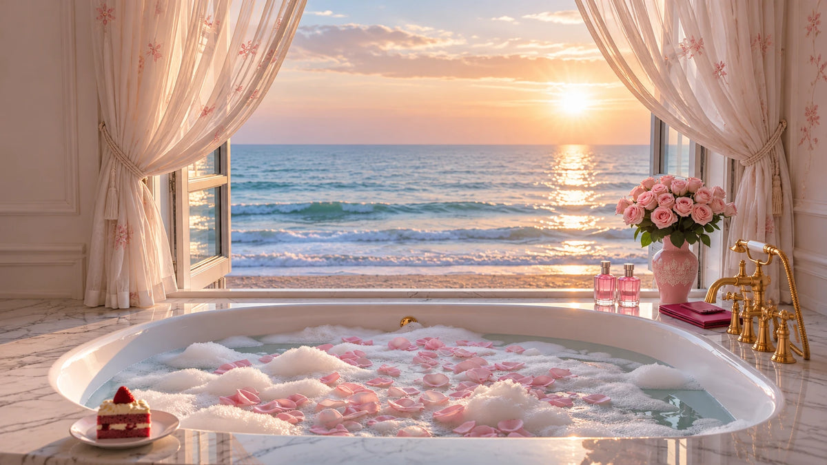 Beach & Bath – Badewanne mit Rosenblättern und Meerblick