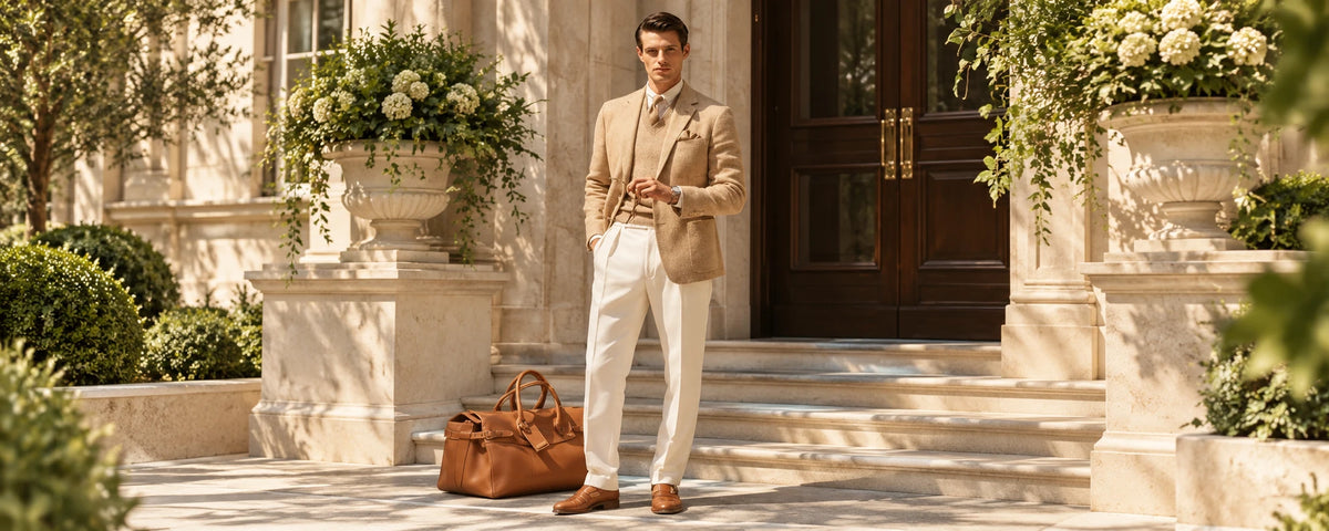 Man in a camel jacket and white shirt with a travel bag at a stone townhouse entrance.