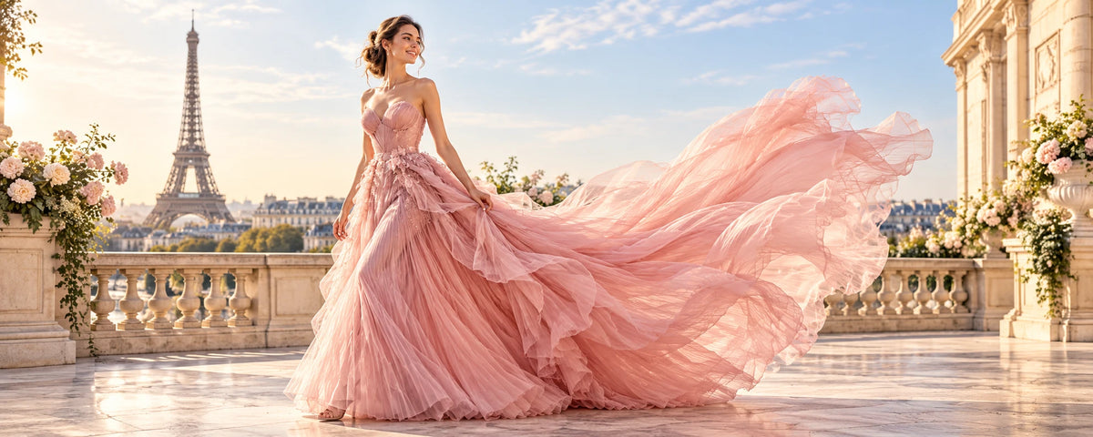 Woman in a flowing light rose gown on a sunlit Paris terrace with the Eiffel Tower in the background