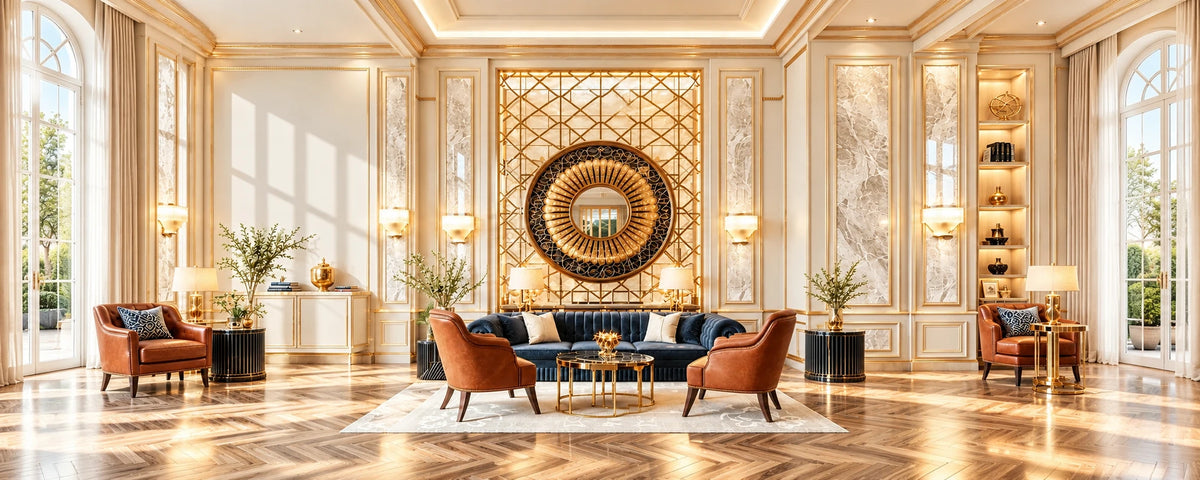 Bright ivory and gold salon with a navy sofa, cognac chairs and a round mirror.