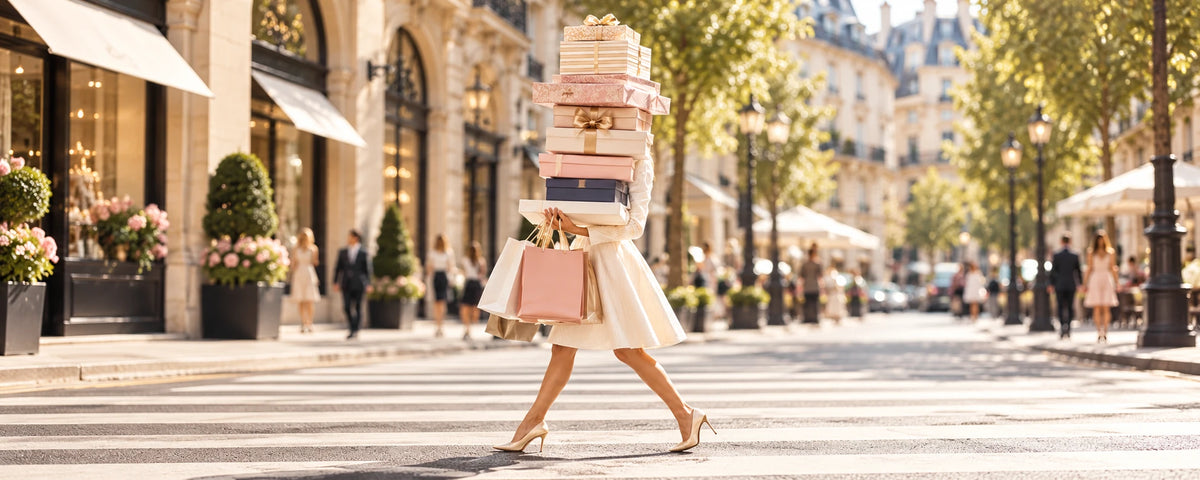 Woman in a cream dress walking along a sunlit Parisian street, carrying a tall stack of gift boxes and shopping bags.