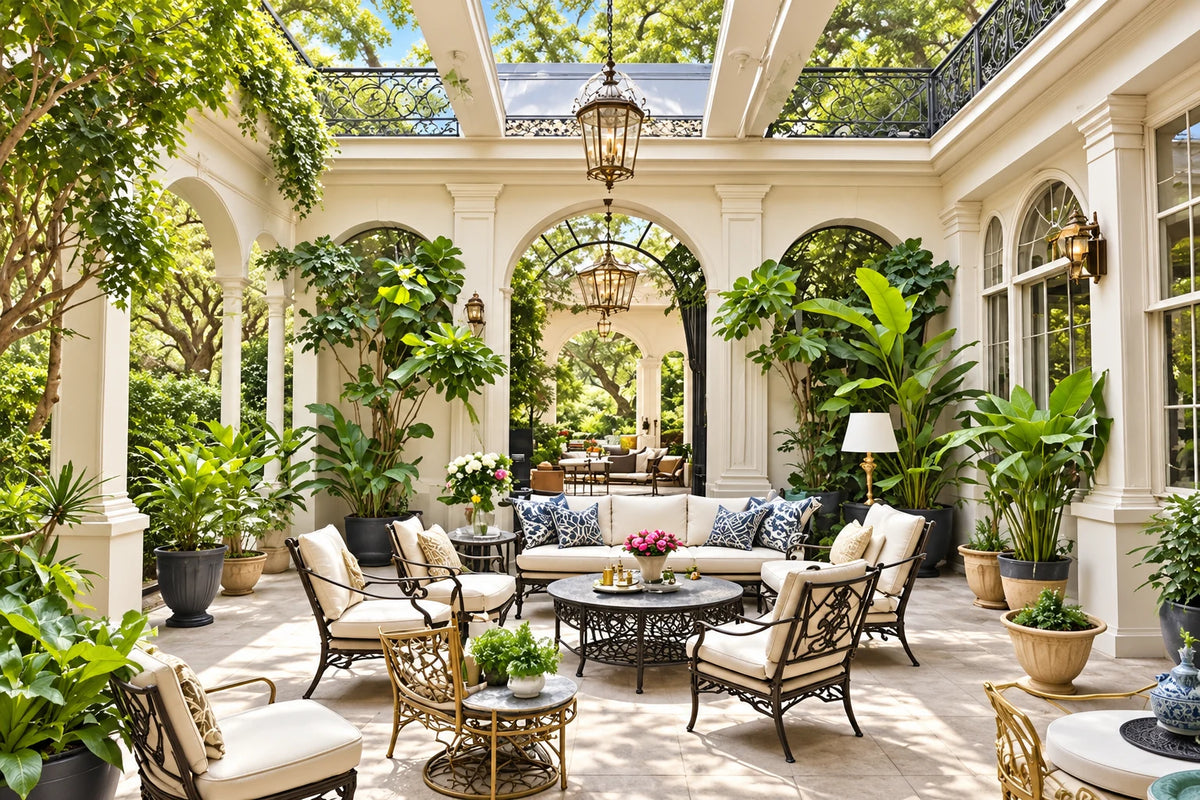 Sunlit Château courtyard with ivory seating, fresh greenery and pink flowers