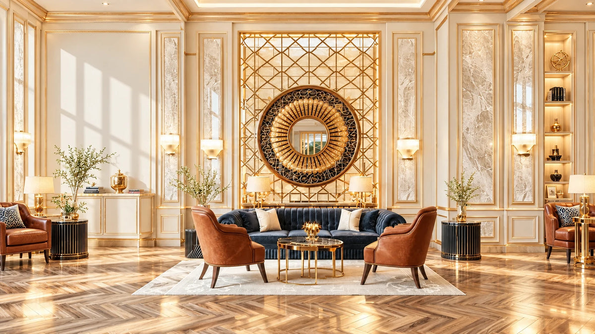 Bright ivory and gold Gentlemen’s Lounge with cognac leather chairs and navy sofa