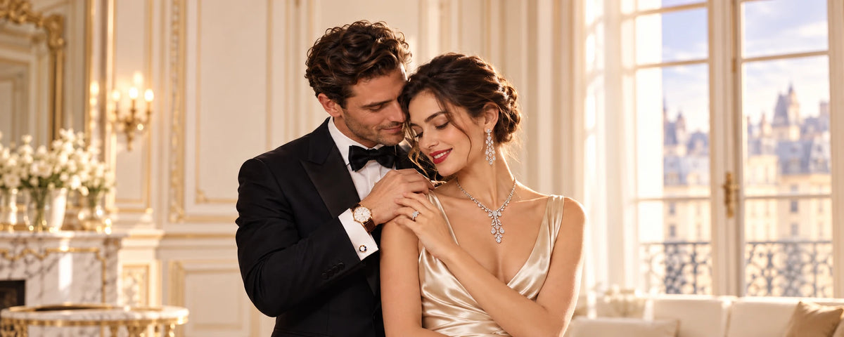 Elegant couple in a bright Parisian salon, wearing evening jewellery, a wristwatch and cufflinks.