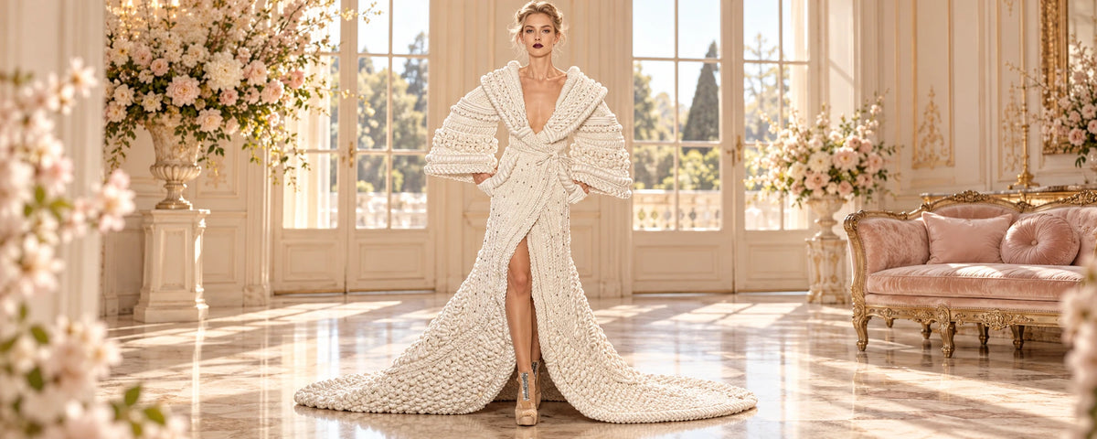 Elegant woman in an ivory gown in a bright, softly lit salon.