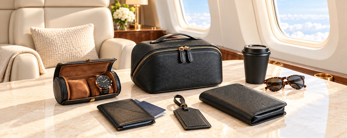 Black toiletry bag, watch case and passport holder arranged in a sunlit cabin.
