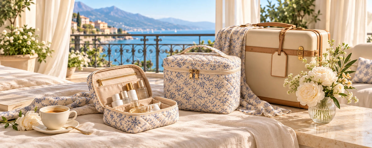 Blue floral vanity cases and a cream suitcase on a bright hotel balcony with sea view.