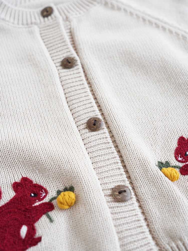 Fine Cotton Knit Cardigan with Embroidered Motif