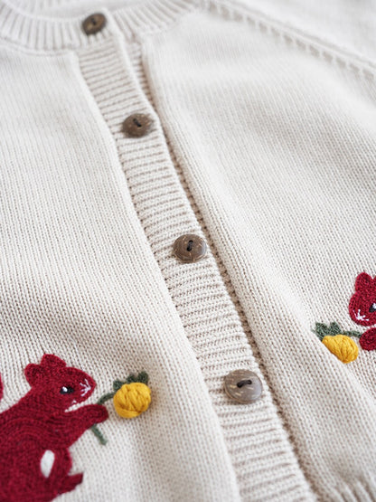 Fine Cotton Knit Cardigan with Embroidered Motif