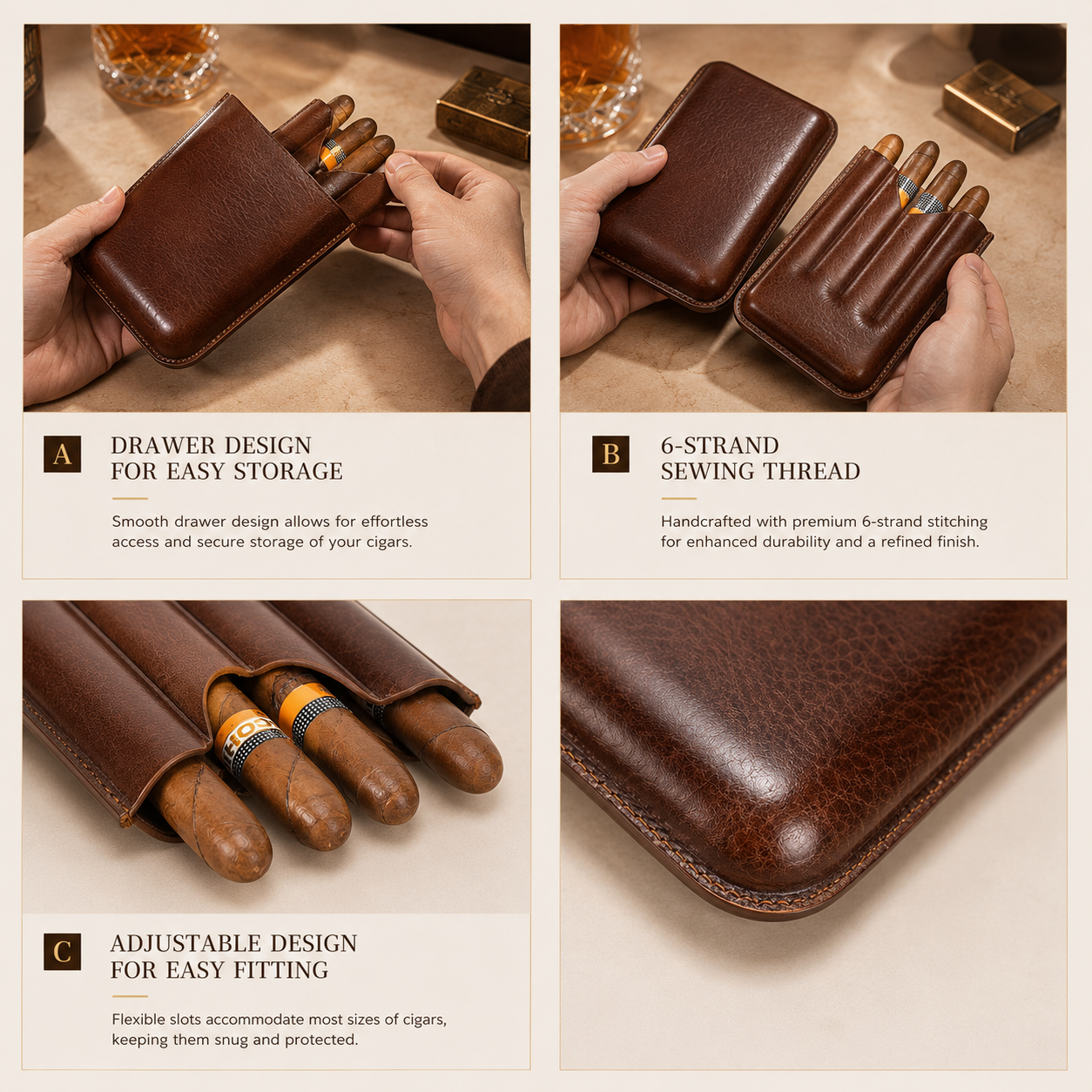 Château Élégance® Windsor Reserve™ – Men’s Leather Cigar Case for 4 Cigars