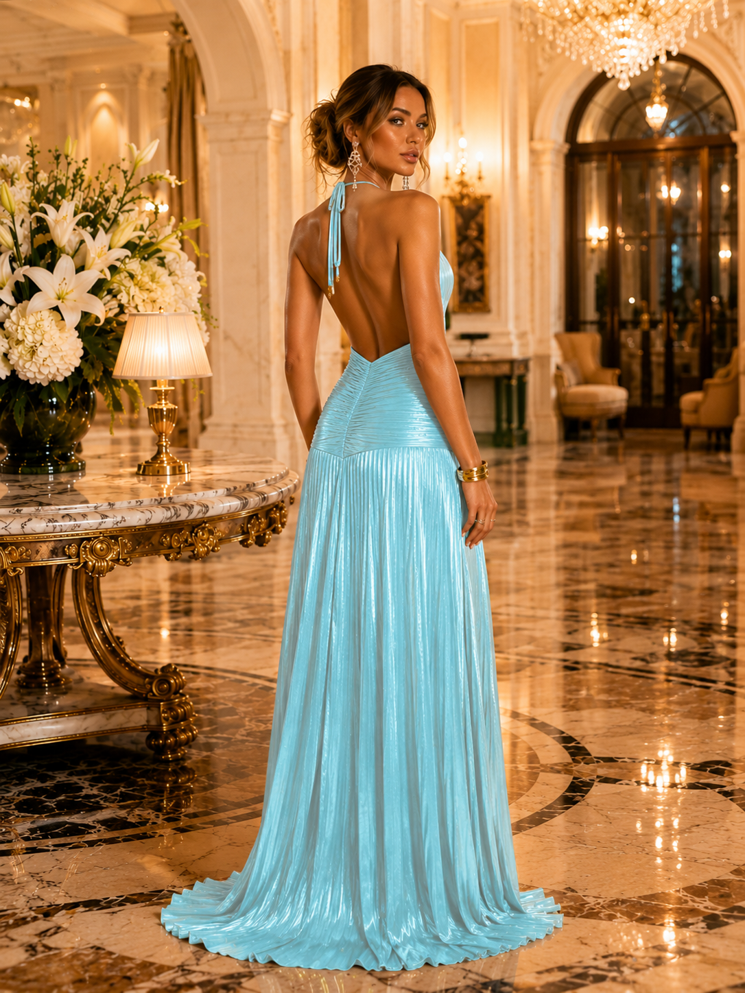 Château Élégance Metallic Peridot Halter Maxi Dress