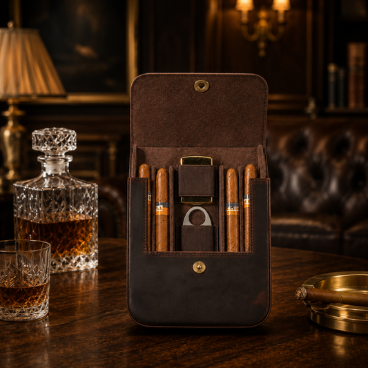 Château Élégance luxury leather cigar case in Espresso Réserve, travel aesthetics collection.