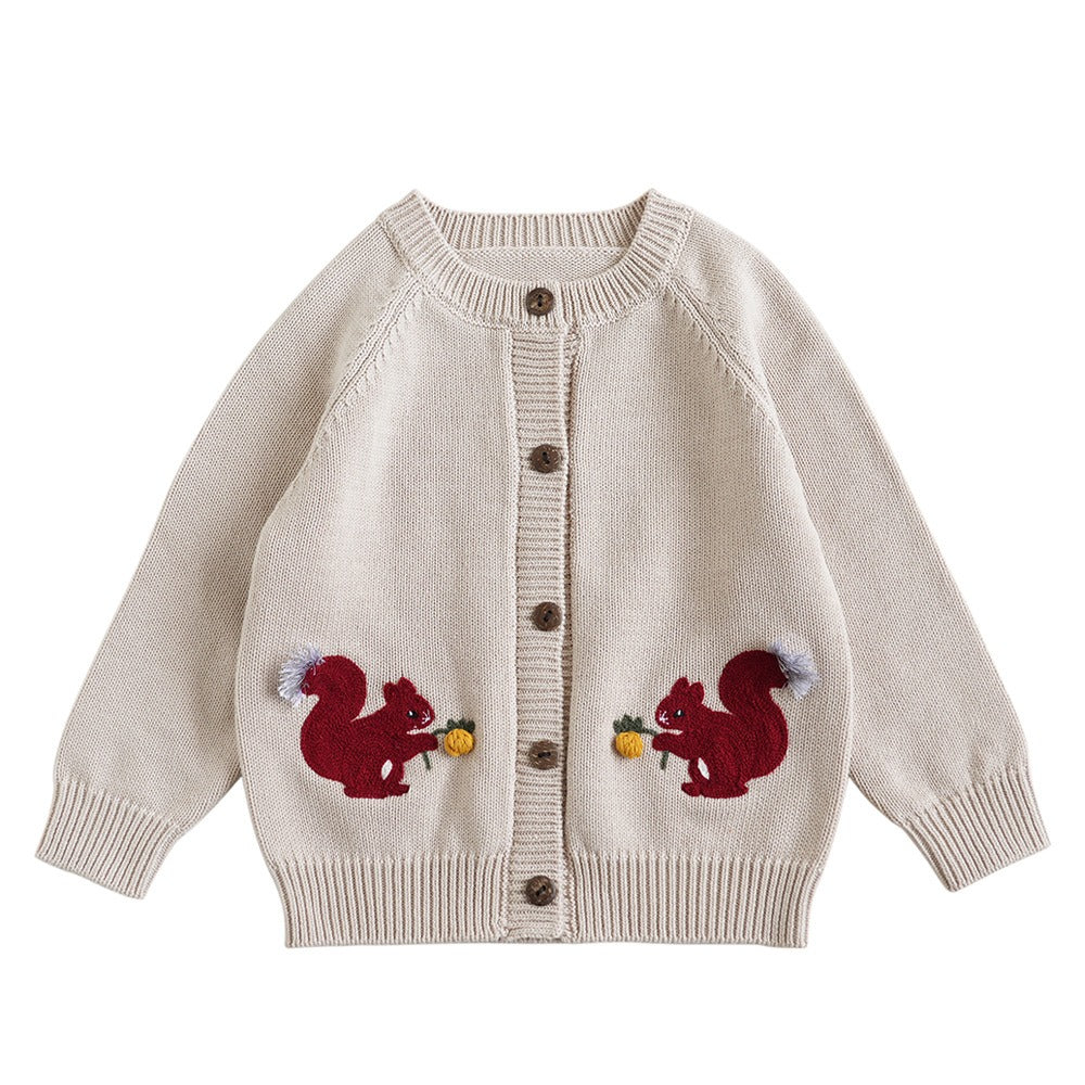 Fine Cotton Knit Cardigan with Embroidered Motif