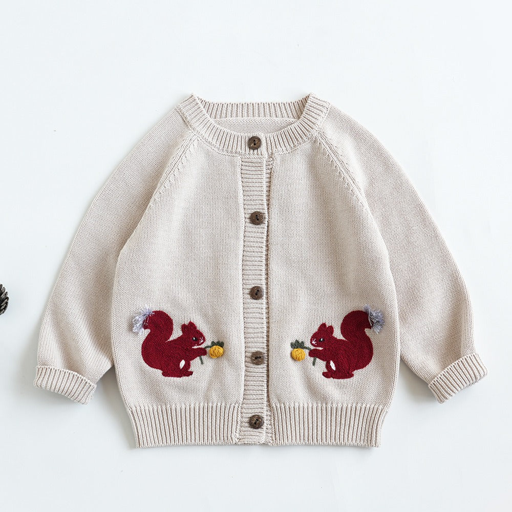 Fine Cotton Knit Cardigan with Embroidered Motif