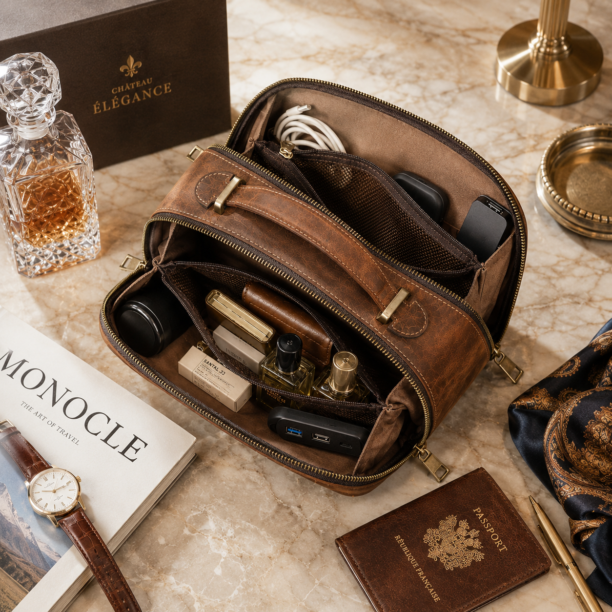Château Élégance® Executive Voyage™ – Handcrafted Leather Tech Organizer