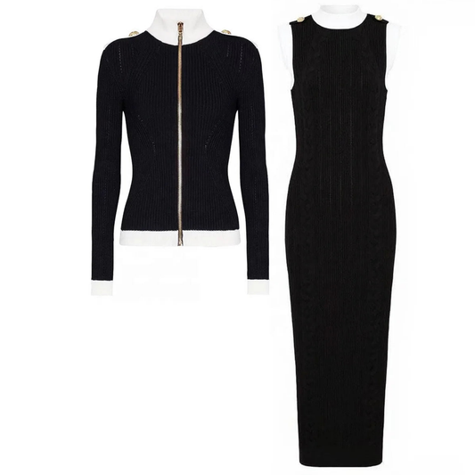 “Élégance Contour Set — Sculpted Knit Dress & Cardigan Duo”