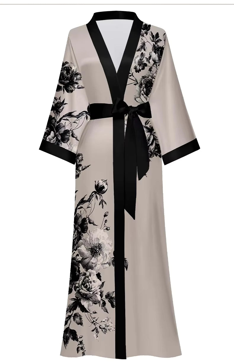 Jardin de Nuit Robe – Château Élégance
Floral Satin Kimono Robe with Silken Tie